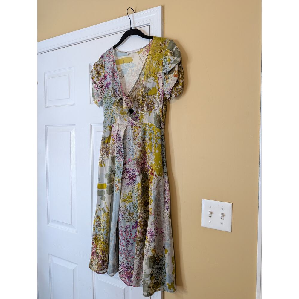 Kate Sylvester 100% Silk Abstract Floral Tie-Front Midi Dress Size Small Luxury - Picture 2 of 12